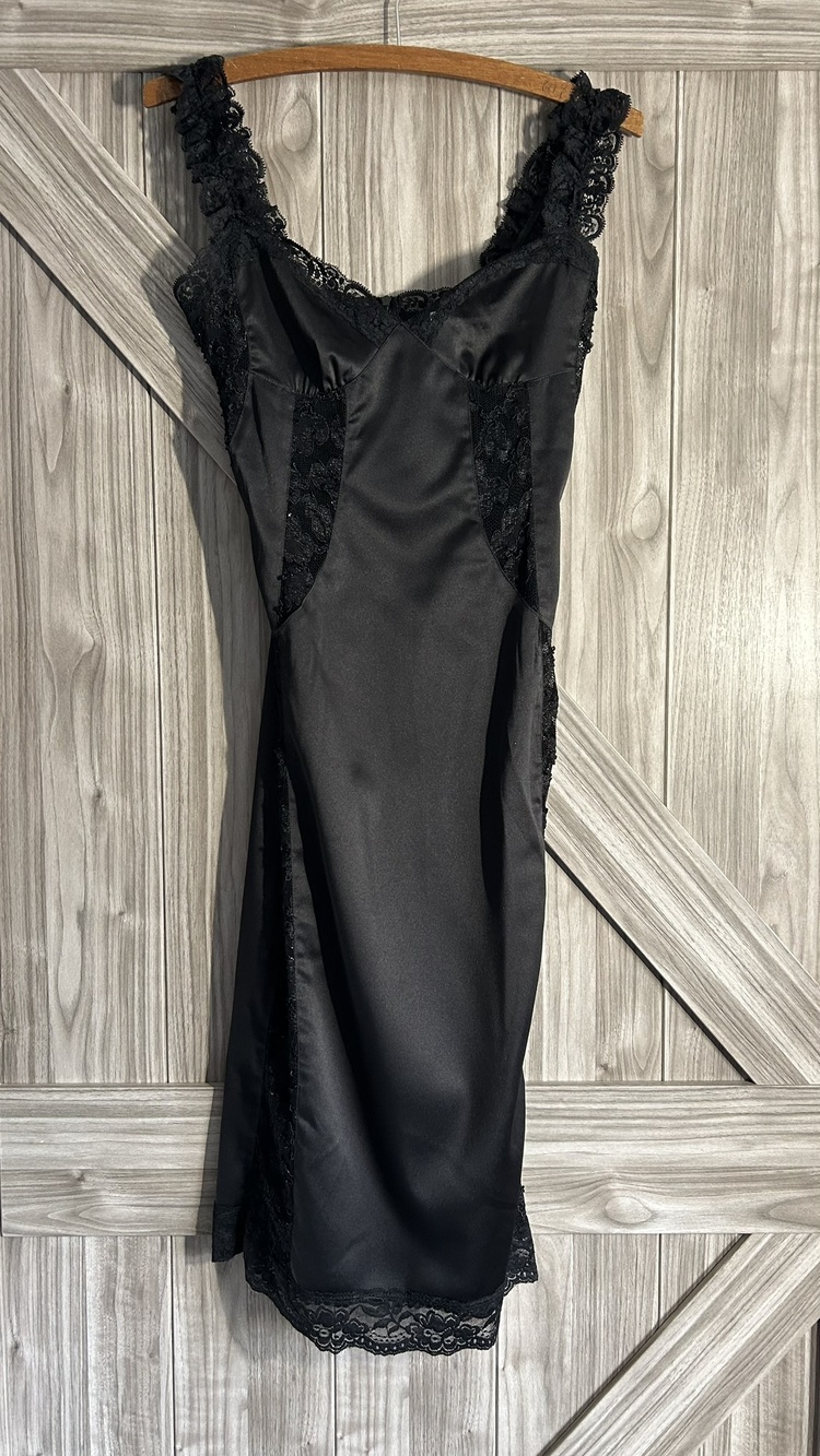 YA Los Angeles Black Satin Lace Trim Midi Slip Dress Bodycon Small